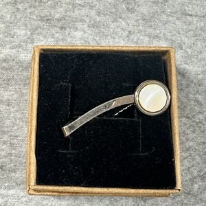 VTG Silver Tone Mother-of-Pearl Tie Clip Bar Elegant Mid Century Mens Accessory